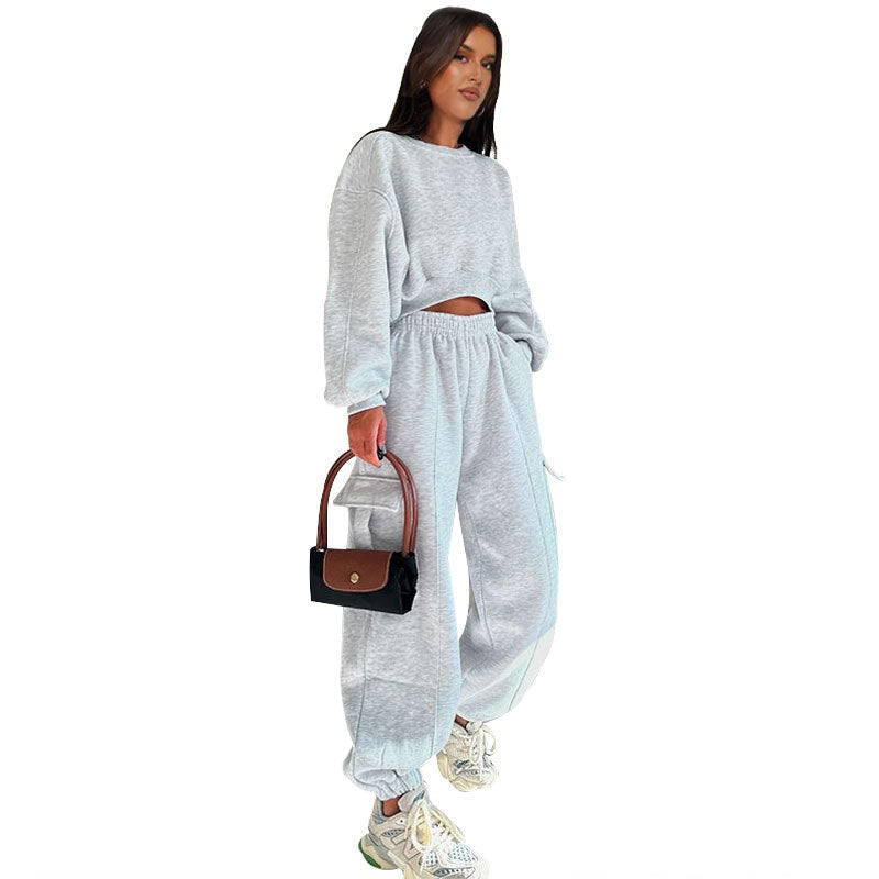 Europäischen Und Amerikanischen Herbst Neue Rundhals Hohe Taille Pullover Tasche Lose Jogginghose Anzug-9