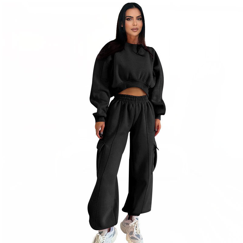 Europäischen Und Amerikanischen Herbst Neue Rundhals Hohe Taille Pullover Tasche Lose Jogginghose Anzug-5