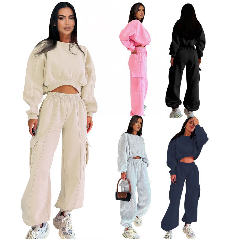 Europäischen Und Amerikanischen Herbst Neue Rundhals Hohe Taille Pullover Tasche Lose Jogginghose Anzug-1
