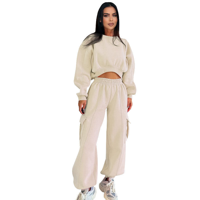 Europäischen und Amerikanischen Herbst Neue Rundhals Hohe Taille Pullover Tasche Lose Jogginghose Anzug-2