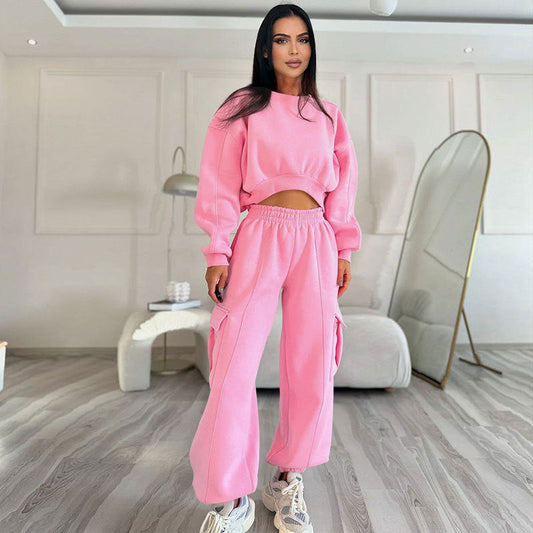 European And American Autumn New Round Neck High Waist Sweater Pocket Loose Sweatpants Suit-0