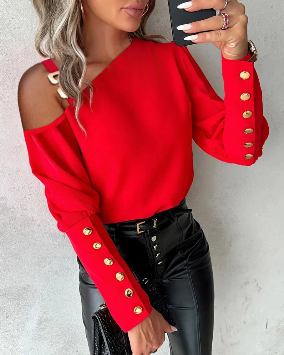 Mode Laterne Hülse Taste Spleißen Hemd Frauen Elegante Büro Pendler O Neck Bluse Weibliche Herbst Frühling Täglich Casual Tops-0