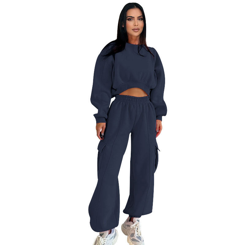 Europäischen Und Amerikanischen Herbst Neue Rundhals Hohe Taille Pullover Tasche Lose Jogginghose Anzug-6